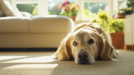 Fototapeta na wymiar Golden retriever lying on carpet in cozy living room with plants. Natural light. Design for article illustration, pet care advertising, or home decor. 