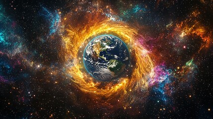 Obraz premium A stunning view of Earth from space, showcasing a fiery spiral at its core