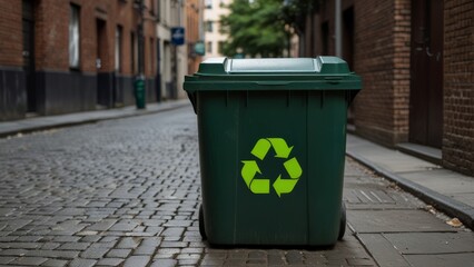 Colorful trash bin with recycling sign in city alley