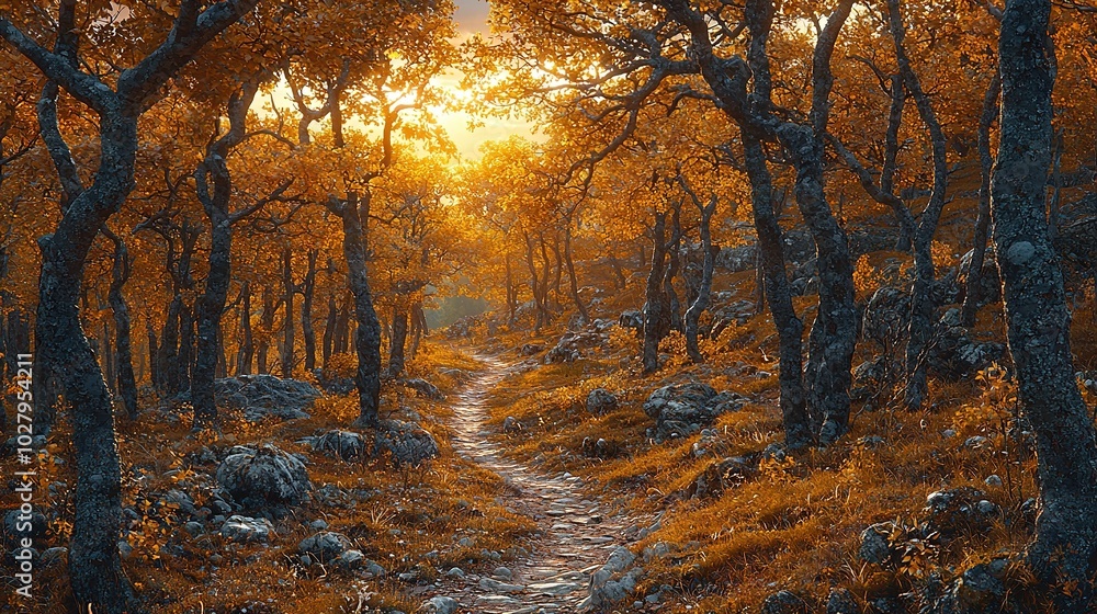 Poster yellow path through forest with rustling leaves on either side