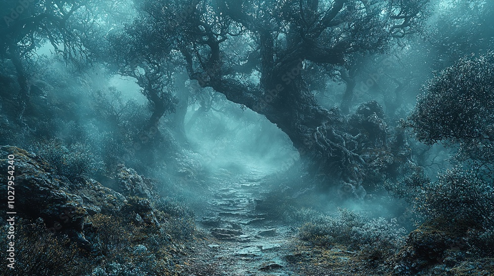 Poster a forest path lined with a central tree