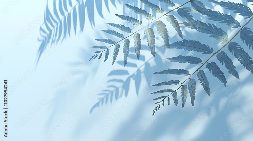 Poster a close-up of a leaf on a blue background with shadows of leaves on the left side of the frame