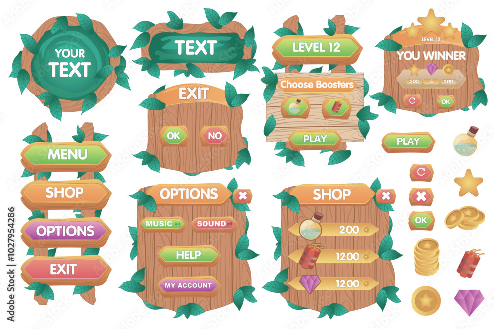 Leinwandbilder jungle game interface mega set elements in flat graphic design. collection objects of tropical leave