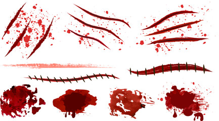 Pack of 10 wound graphics, including animal scratches, stitched wounds, cuts, gunshot wounds, and blood spatter.