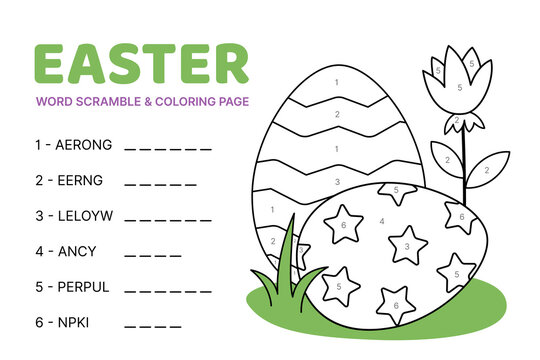Word scramble and cloring page with Easter eggs in grass. Cartoon, vector.