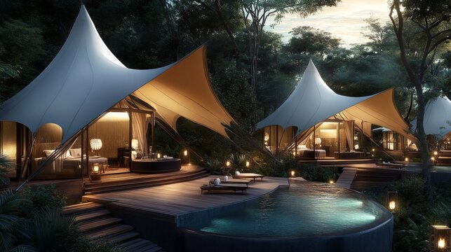 Beautifully designed luxury tents with private pools set amidst lush greenery, creating a serene and modern glamping experience at sunset, ideal for relaxation.