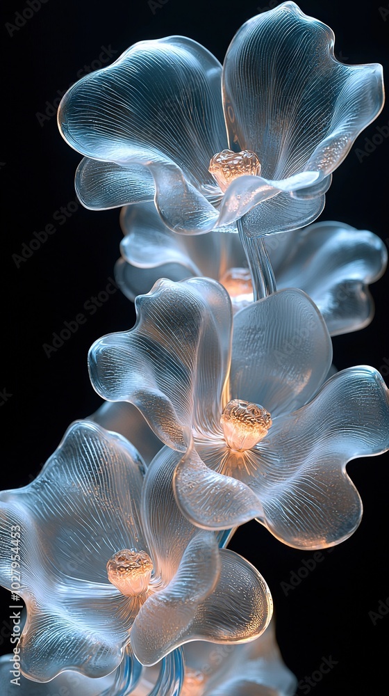 Poster a single flower in focus on a dark background with an out-of-focus image of multiple flowers at its 