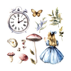 Magical Alice in Wonderland watercolor illustrations featuring whimsical details