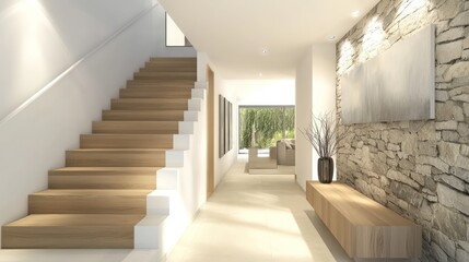 Fototapeta premium Elegant modern entrance hall with a wooden staircase, white walls, and a stone wall accent, captured in ultra HD
