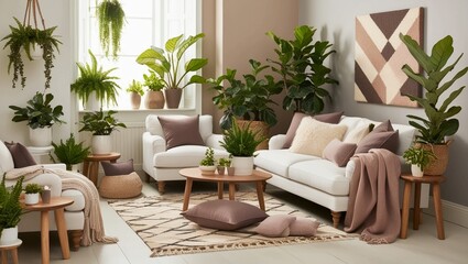living room interior, Stylish modern living room interiors with neutral tones, cozy furniture, green plants, and minimal decor—ideal for home decor inspiration, real estate, and interior design projec