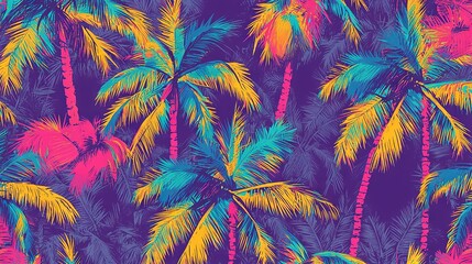  A stunning image featuring a lush array of palm trees against a serene blue and pink backdrop, showcasing vibrant pink, yellow, and green foliage