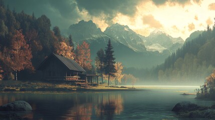 Fototapeta premium A serene landscape showcasing a rustic cabin near a calm lake, surrounded by vibrant autumn trees and towering mountains under a dramatic sky, evoking peace and wonder.