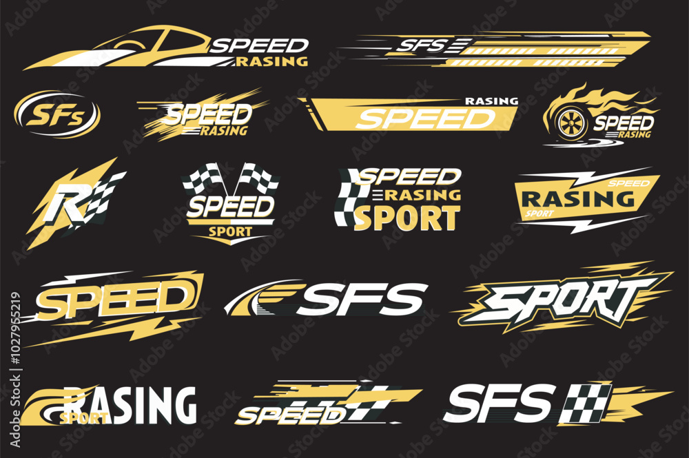Poster sport car stickers mega set elements in flat graphic design. collection objects of different types r