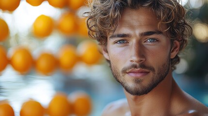 A young man with curly hair and blue eyes poses against a vibrant orange background near a swimming pool on a sunny day