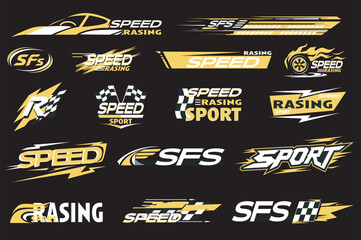 Naklejka premium Sport car stickers mega set elements in flat graphic design. Collection objects of different types racing labels, automobile decoration templates with text and checker pattern. Vector illustration.