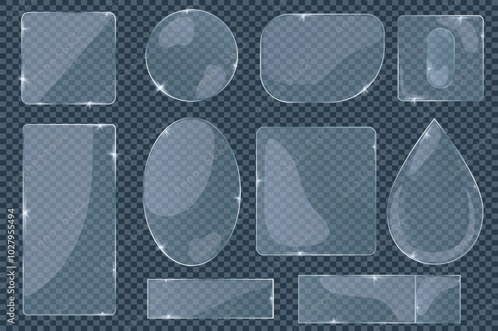 Poster transparent glass mega set elements in flat graphic design. collection objects of square, round, rec