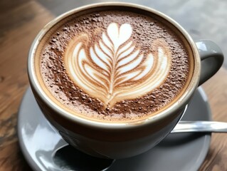 A close-up of a beautifully crafted latte with an elaborate foam art design on top, highlighting the intricate details and creamy texture of the coffee beverage.