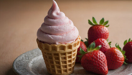 strawberry ice cream in a waffle cone
