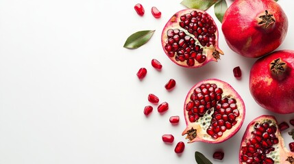 Ripe pomegranate fruits and sliced pomegranates isolated on white backdrop.