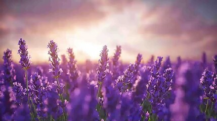 Obraz premium A field full of purple flowers, bathed in sunlight filtering through the clouds overhead