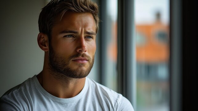 Young man with a contemplative expression gazing out of a window on a quiet afternoon in a modern apartment