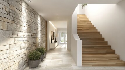 Fototapeta premium Entrance hall with a modern wooden staircase, white walls, and a natural stone wall on the left, in high-definition