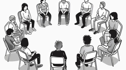 Illustration of a group therapy session with diverse individuals sitting in a circle, reflecting themes of community support and mental health awareness in a neutral tone.