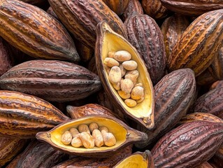 A collection of cocoa pods with some open to reveal the seeds inside, showcasing the rich textures and natural appearance of the cocoa fruit on display.