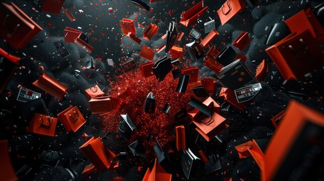 Powerful explosive shatter of glass and debris in a dynamic fiery abstract energy burst with intense motion and fury