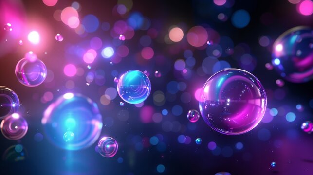 Vibrant and dreamlike digital art piece featuring glowing spheres against a backdrop of colorful bokeh lights - Powered by Adobe
