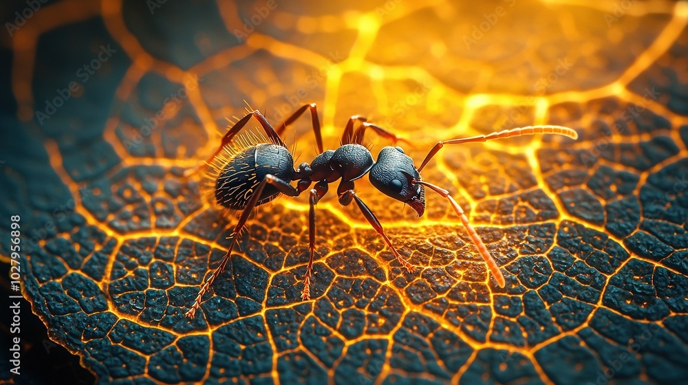 Poster a bug on a leaf with yellow light in background, black bug in foreground