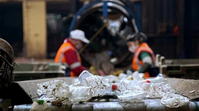 This video shows workers sorting household waste on a conveyor belt, separating recyclables from non-recyclables. The facility processes organic waste into compost and produces organic fertilizer.