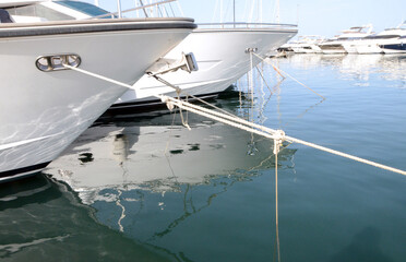 Fore parts of yachts at the Arenal mooring. Mallorca Island. Spain.