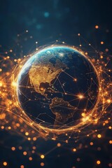 Obraz premium Global network visualization earth with glowing points and lines depicting technology connections