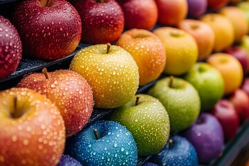 A close-up of a vibrant assortment of organic apples, with dew drops and a glossy finish, arranged neatly on a supermarket display
