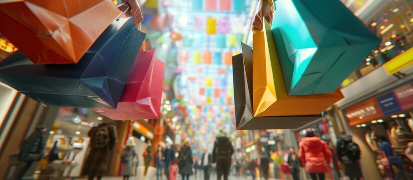 Vibrant and Lively Festive Shopping Mall Interior with Colorful Geometric Decorative Elements Blurred Crowds of Shoppers and a Modern Contemporary Architectural Design