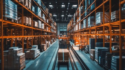 A wide shot of a warehouse aisle with shelves stocked with boxes. A forklift is moving along the aisle with a pallet of boxes.