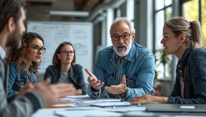 Business professionals engaged in a collaborative meeting at modern office with diverse team discussing ideas.