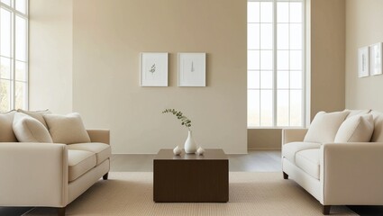 living room with a sofa, Stylish modern living room interiors with neutral tones, cozy furniture, green plants, and minimal decor—ideal for home decor inspiration, real estate, and interior design pro