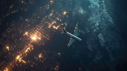 Fototapeta premium An airplane flying over a city at night, with the lights of the city shining brightly below.