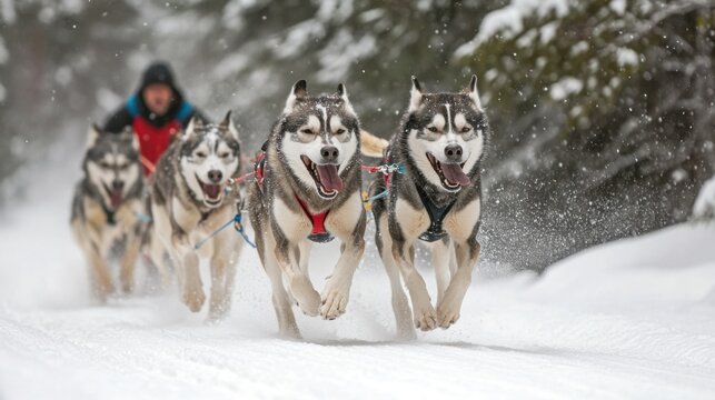  dog sled team racing through a snowy forest, with determined huskies pulling the sled in unison