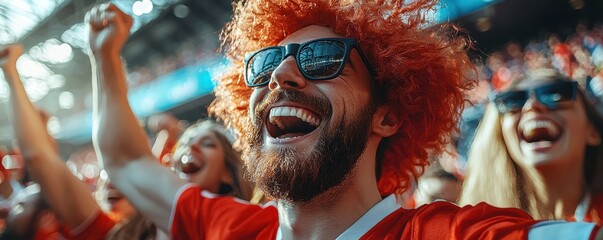 A group of sports fans wearing red and white cheering enthusiastically at a stadium during a live game