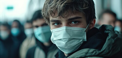 A group of young men wearing protective masks standing together in an urban setting during a public health crisis