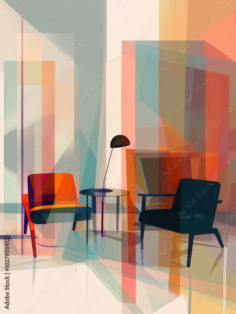 Aufkleber various silhouettes of furniture including an armchair, lamp, and table are positioned against a lig