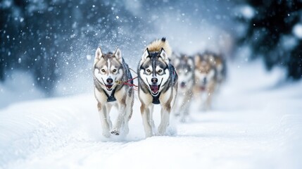 Naklejka premium dog sled team racing through a snowy forest, with determined huskies pulling the sled in unison