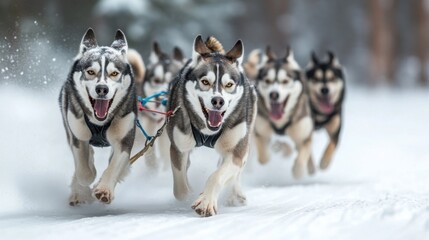 dog sled team racing through a snowy forest, with determined huskies pulling the sled in unison