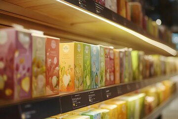  close-up of a selection of herbal teas in colorful, neatly organized boxes, displayed on a supermarket shelf