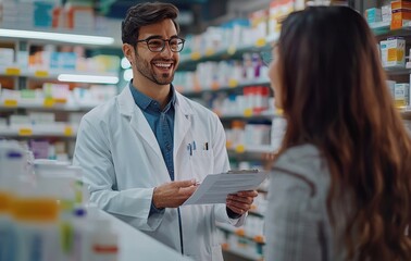 Friendly male pharmacist in a white lab coat assisting a customer in a modern pharmacy setting with a warm smile