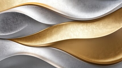 Abstract Wavy Metallic Background: Silver and Gold Curved Shapes Intertwined, Creating a Dynamic Visual.