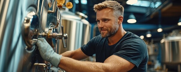 Man cleaning a stainless steel tank in a brewery wearing a black t-shirt, focused on maintaining equipment in an industrial setting